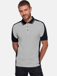 Graues Herren Arbeits Poloshirt mit schwarzen Kontrasteinsätzen und Drei-Loch-Knopfleiste – strapazierfähig und pflegeleicht für Handwerk, Pflege und Gastronomie